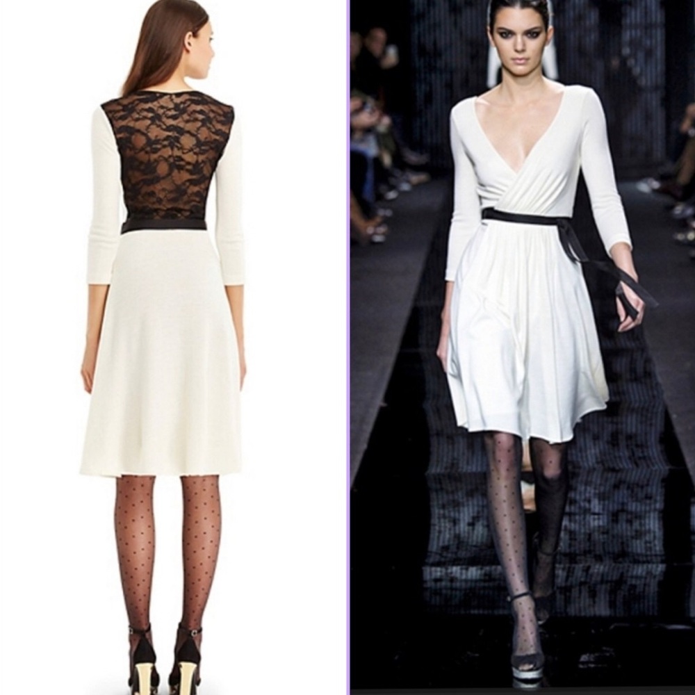 Diane Von Furstenberg Ivory Wool seduction wrap Dress w/Black Lace back size 4 - Picture 1 of 17